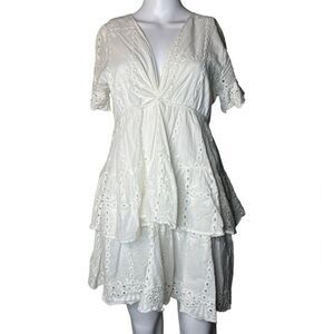JeyKay Short Sleeve Eyelet Shabby Chic mini Dress White Size XL